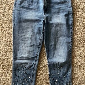 Chicos Girlfriend Slim leg cuffed denim cropped Jeans with Rhinestones.  Stretch